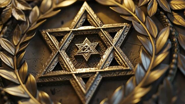 Detailed metal Star of David surrounded by a laurel wreath in a close-up shot. ai