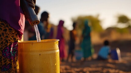 A person draws water from a yellow bucket as others gather in the background, highlighting daily life in a rural or developing area.