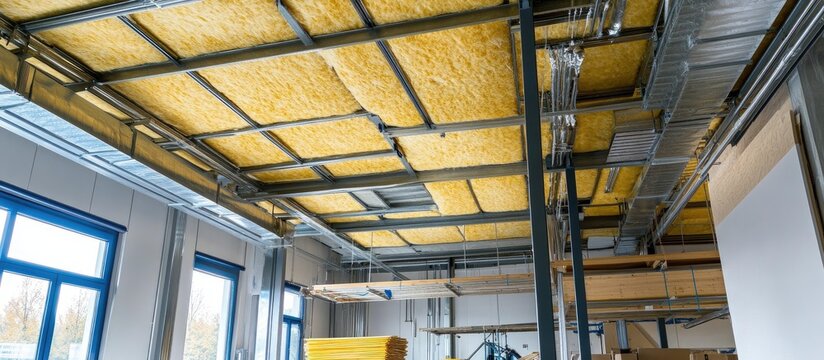 Mineral wool insulation panels installed on ceiling for enhanced soundproofing and thermal efficiency in modern construction environments