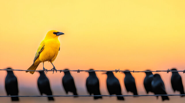 vibrant yellow bird perched on barbed wire fence stands out against backdrop of silhouetted black birds, creating striking contrast at sunset