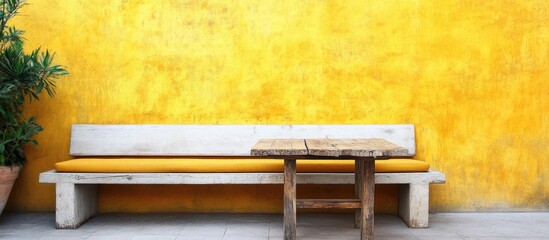 Modern minimalist sofa and rustic table in natural light with vibrant yellow wall background showcasing a stylish interior design.