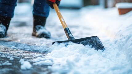 Man clearing snow from driveway with shovel during winter home maintenance scene