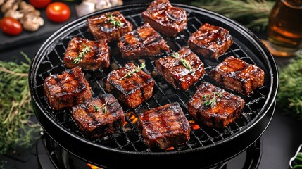 Grilled Beef Cuts on Barbecue with Herbs and Vegetables Ready for Outdoor Dining