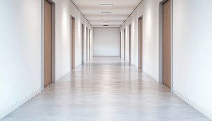 Fototapeta premium A clean, modern hallway with multiple doors and bright lighting, creating a spacious and inviting atmosphere.