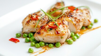 Grilled chicken quarters with green peas and red chili garnish presented on a stylish white plate for culinary inspiration and food photography.