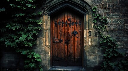 Ancient Wooden Door in Stone Archway