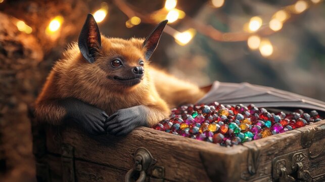 Magical bat guardian enchanted forest fantasy artwork cozy environment close-up view whimsical treasure concept