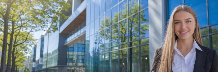 Obraz premium Young Professional Smiling in Front of a Modern Glass Building
