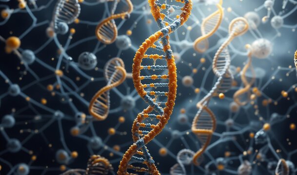 Spiral of Blue DNA background. DNA gene helix spiral molecule structure. DNA molecules on backdrop.