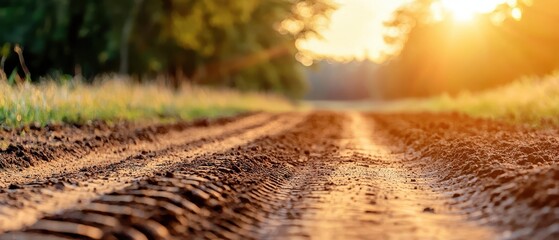 A serene dirt road stretches into the distance, illuminated by a warm, golden sunset, framed by lush greenery on either side.