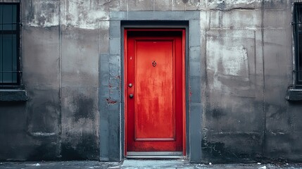 Red Door on Weathered Grey Wall: Urban Architectural Photography