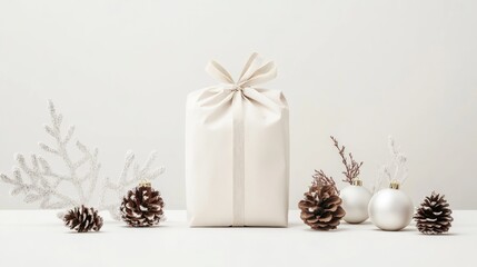 Elegant Minimalist Christmas Gift Mockup with Natural Elements and Neutral Colors in a Stylish Studio Setting