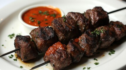 Delicious grilled meat skewers served with savory dipping sauce garnished with herbs on a classic white plate