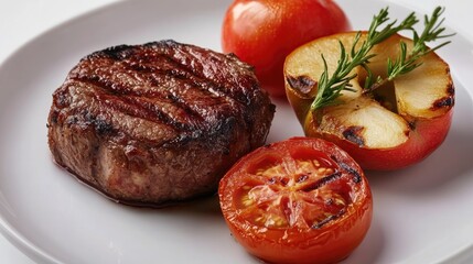 Grilled beef fillet mignon served with baked apples and tomatoes on a white plate showcasing a delicious gourmet meal presentation