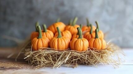 Miniature orange pumpkins arranged on a small haystack for autumn seasonal decoration and festive fall ambiance