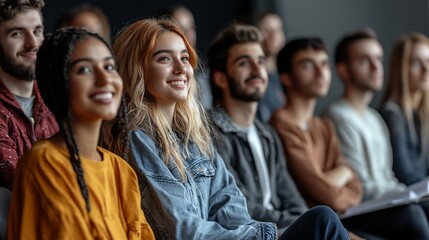 Diverse group of young adults attentively listening in a lecture hall.