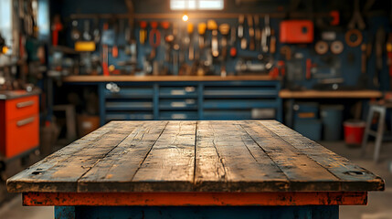 Rustic Wooden Workbench in a Well-Equipped Workshop Background Image