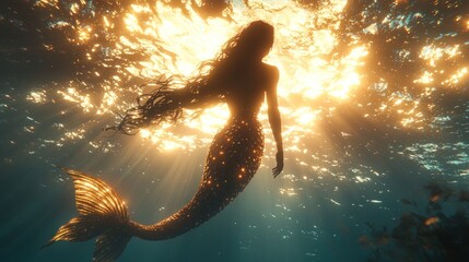 Silhouetted mermaid with golden tail underwater, sunlit.