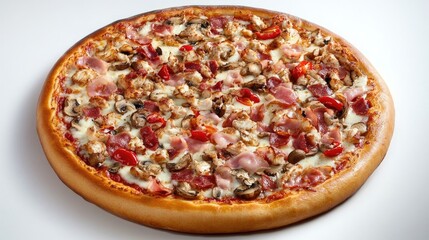 Delicious meat pizza topped with mozzarella ham bacon chicken peppers tomatoes and mushrooms on a clean white background