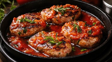Fototapeta premium Savory grilled meat steaks topped with rich tomato sauce and fresh herbs served in a cast iron skillet on a rustic wooden table.
