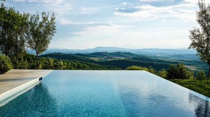 Luxury infinity swimming pool with stunning hilltop views under a clear sky and lush greenery surrounding the serene landscape