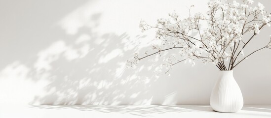 Calming minimalistic white space with soft shadows and delicate flowers for serene design inspiration and aesthetic backgrounds