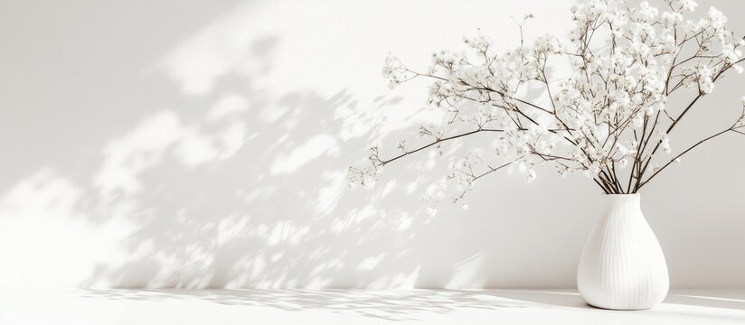 Calming minimalistic white space with soft shadows and delicate flowers for serene design inspiration and aesthetic backgrounds