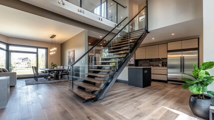 Fototapeta premium Elegant Modern Staircase Featuring Glass and Metal Design in Contemporary Open Concept Living Space