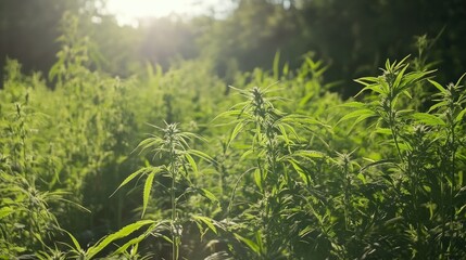 Obraz premium Medical Cannabis Plants Thriving in Field Under Sunlight Ready for Harvesting