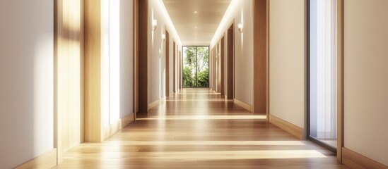 Obraz premium Contemporary apartment corridor design showcasing elegant wooden flooring and natural light for a stylish living space ambiance