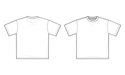 Basic T-shirt flat technical fashion illustration. Tee shirt vector template illustration. front and back view. XL . drop shoulder. unisex. white color. CAD mockup.