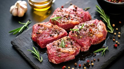 Attractively marinated meat with honey soy sauce and spices ready for preparation on a dark stone surface with fresh herbs and garlic