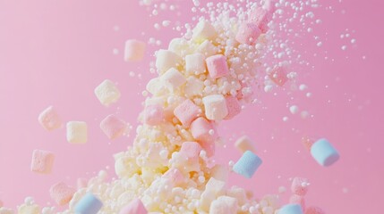 Fototapeta premium Pastel colored miniature marshmallows cascading against a soft pink background creating a whimsical sweet treat scene