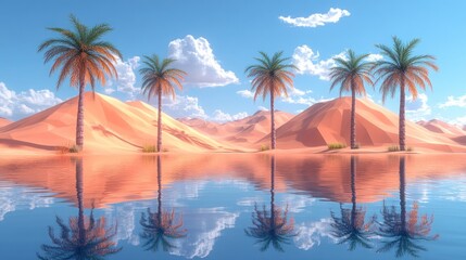 Fototapeta premium Oasis with palm trees reflecting in calm water, surrounded by desert dunes under a sunny sky.