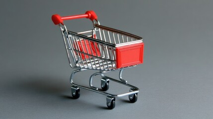 Miniature shopping cart isolated on a neutral background representing retail concepts and consumerism in marketing and advertising contexts
