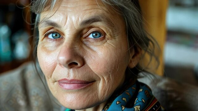 Portrait of a mature woman with thoughtful expression in cozy home setting AI
