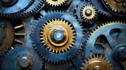 Intricate close-up of interlocking vintage gears showcasing the beauty of mechanical engineering and the complexity of machine organization.