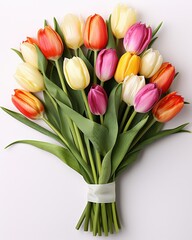 Naklejka premium Colorful Bouquet of Tulips with Various Shades of Red, Pink, Yellow, and White on a Light Background