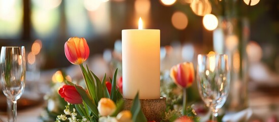 Elegant candle and vibrant tulips on a festive dinner table setting for a spring celebration with greenery and soft lighting ambiance