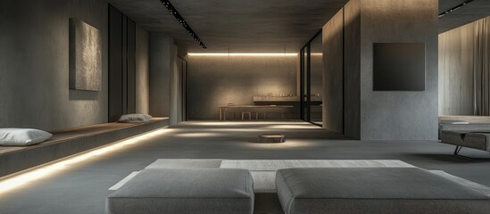 Fototapeta premium Minimalist apartment interior design with gray tones and clean lines highlighting an unfurnished contemporary living space