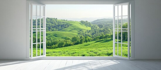 Fototapeta premium Minimalist white room with large windows showcasing a lush green landscape perfect for interior design inspiration and tranquility.