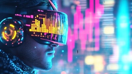 Exploring virtual realms through immersive experiences with a futuristic VR headset in a digital landscape