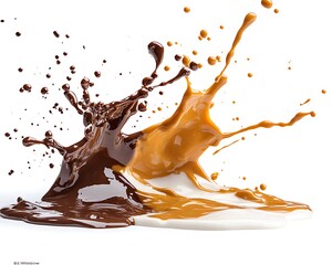 Chocolate and caramel colliding in a dramatic splash against a white background.