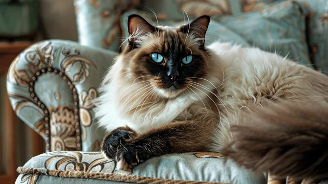 Relaxed birman cat lying on ornate armchair in cozy home setting for pet lovers and interior design AI