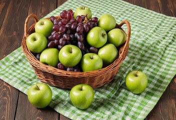 A basket filled with green apples and grapes on a wooden table with a checkered tablecloth.