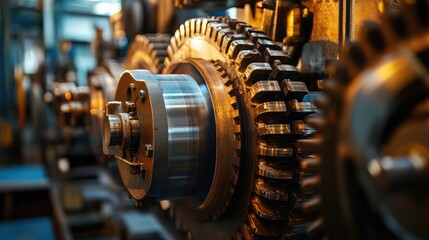 Obraz premium Industrial machine gears in a factory setting ready for operation showcasing mechanical precision and automation technology