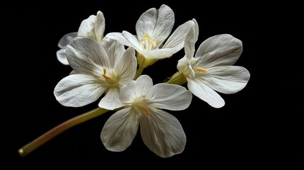 Fototapeta premium Delicate white medicinal herb flower cluster illuminated with natural light in macro photography on a contrasting black background.