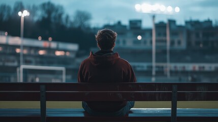Contemplative man sitting alone on a bench in an empty soccer stadium at twilight reflecting on memories and emotions