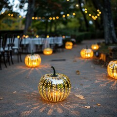 Beautifully detailed pumpkin lanterns with Art Deco patterns, glowing brightly in a Gatsby-themed party.