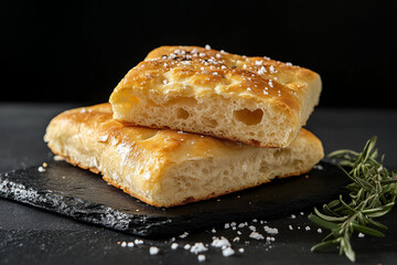 focaccia bread on black background